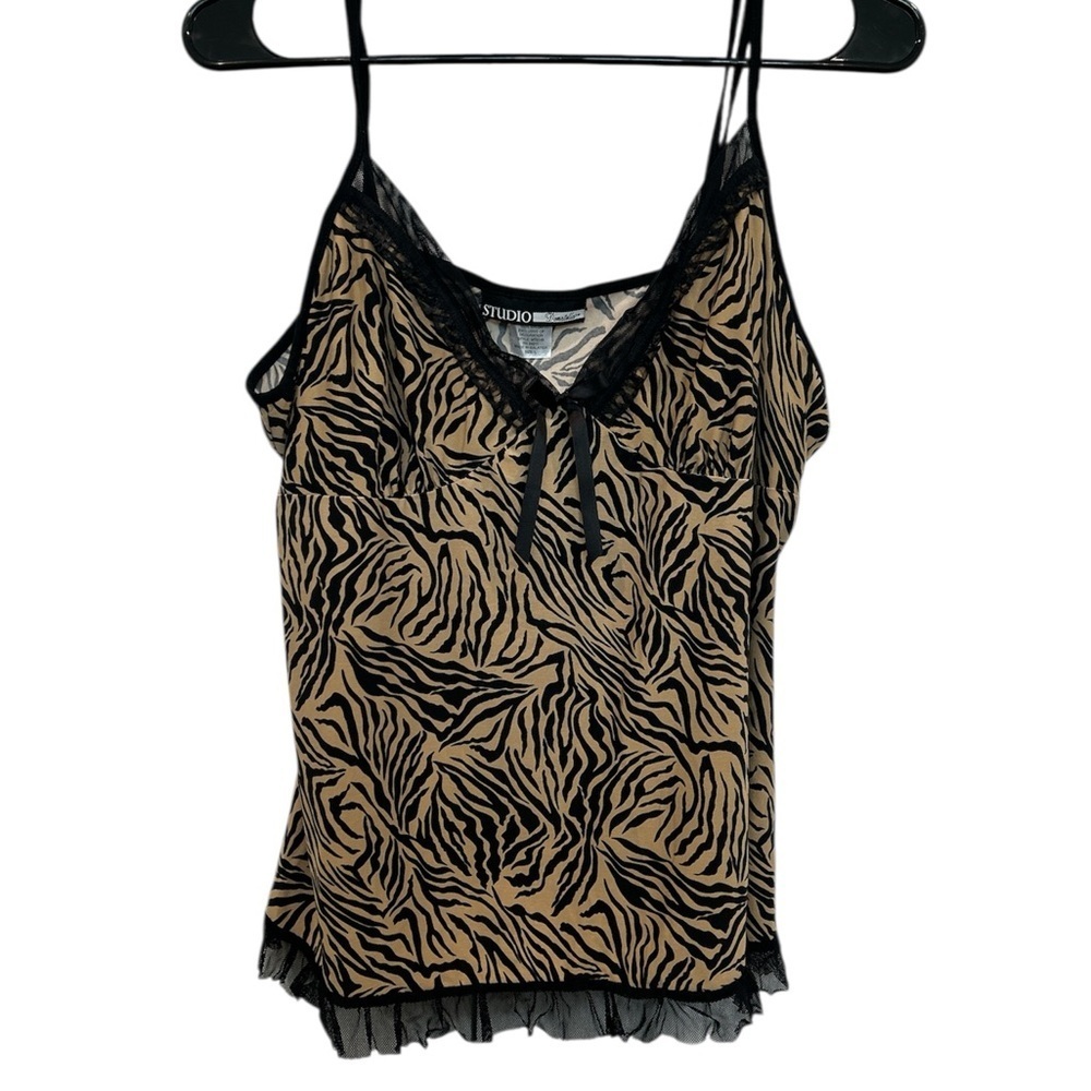Donatella Studio Tan and Black Ruffled Tie Front Camisole